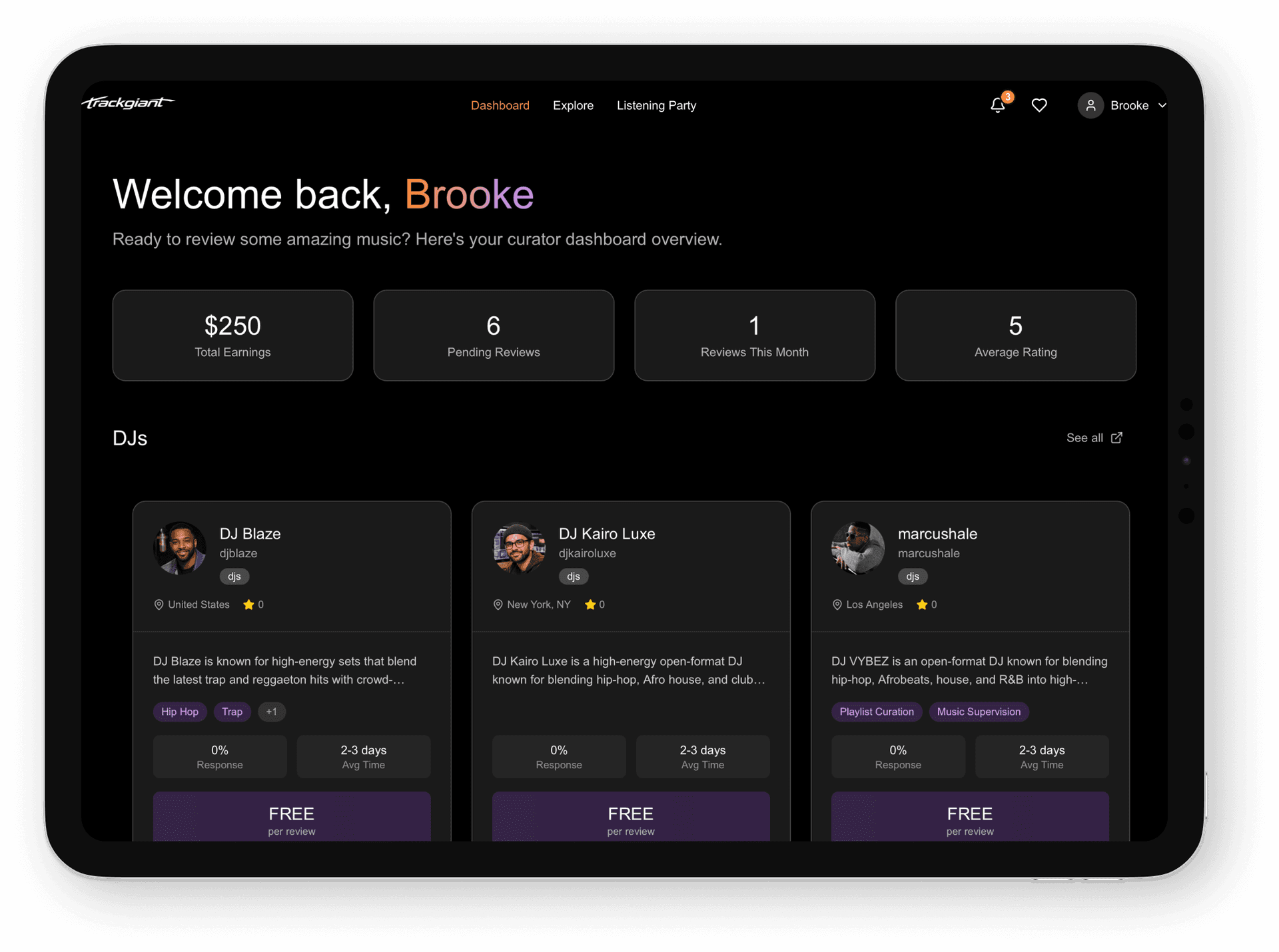 TrackGiant dashboard on tablet